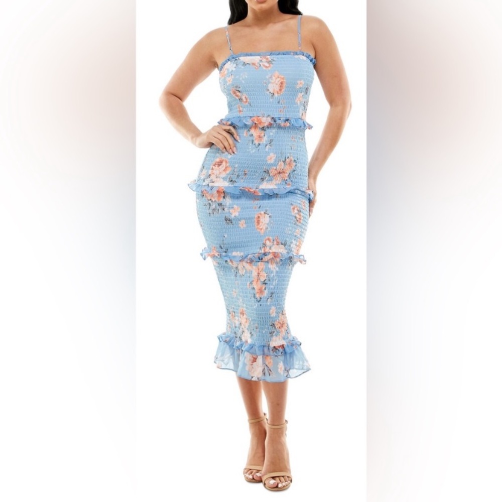 Bebe Floral Smocked Ruffled Tiered Midi Dress XL